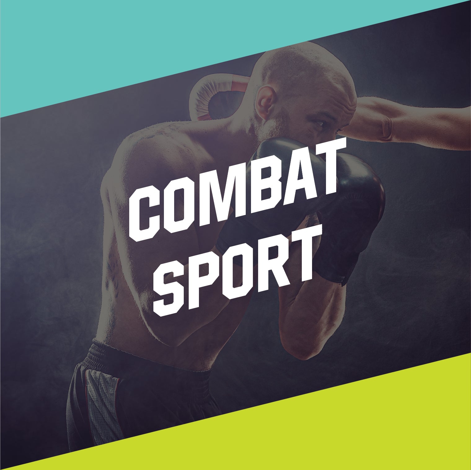 Petarung pria bertelanjang dada mengenakan sarung tinju hitam dalam posisi bertahan saat bertanding, dengan teks 'Combat Sport' di tengah gambar dan latar belakang gelap berasap.