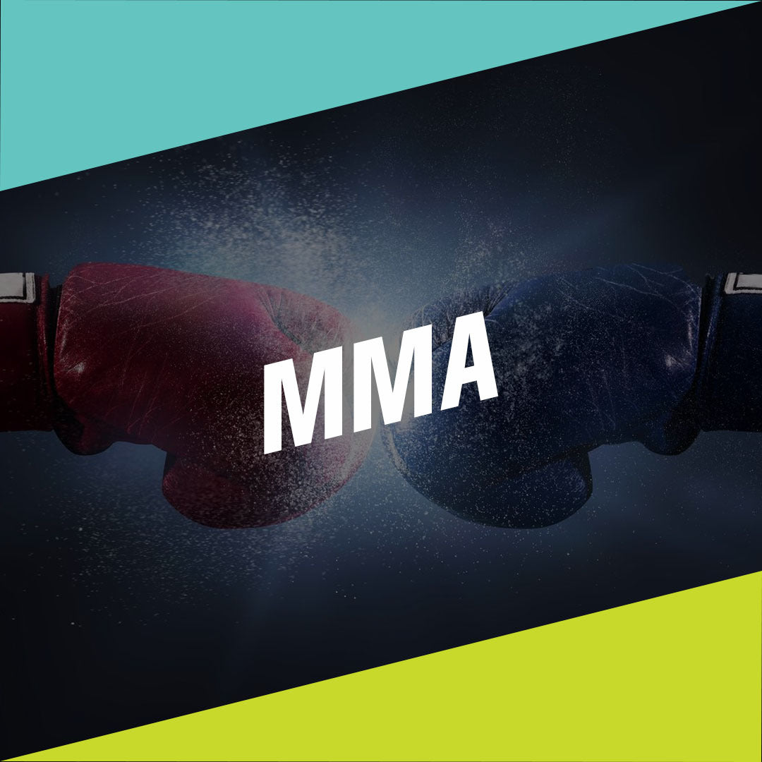 Dua sarung tinju (satu merah, satu biru gelap) saling berbenturan di tengah, dengan teks besar "MMA" di antara keduanya. Latar belakang gelap dengan percikan efek.