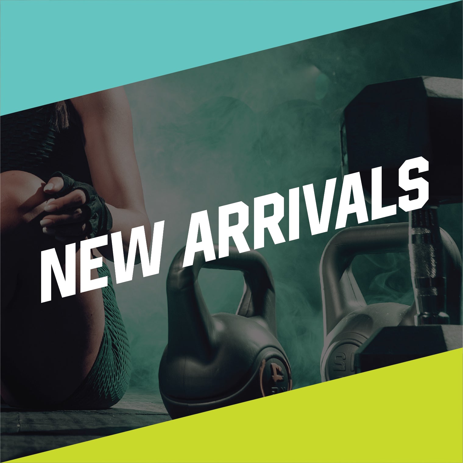 Peralatan gym baru termasuk kettlebell dan dumbbell dengan latar sporty dan tulisan "New Arrivals" sebagai banner koleksi produk fitness terbaru SVRG.