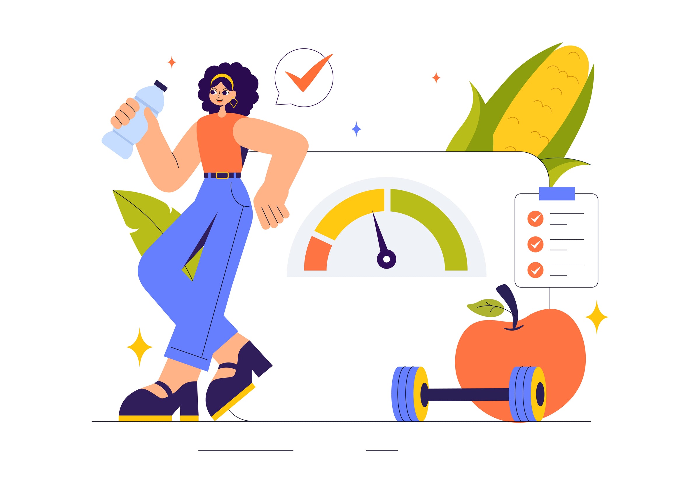 Ilustrasi perempuan memegang botol minum dengan latar grafik indikator kesehatan, apel dan barbel kecil, daftar cek nutrisi, serta jagung, menggambarkan gaya hidup sehat dan keseimbangan berat badan.