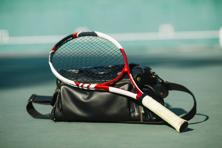 Sebuah raket tenis berwarna merah-putih diletakkan di atas tas olahraga hitam di lapangan tenis luar ruangan.