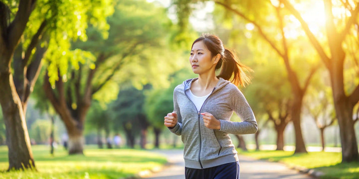 seorang wanita sedang jogging santai di taman untuk menemukan jawaban jogging 30 menit membakar berapa kalori di tubuhnya