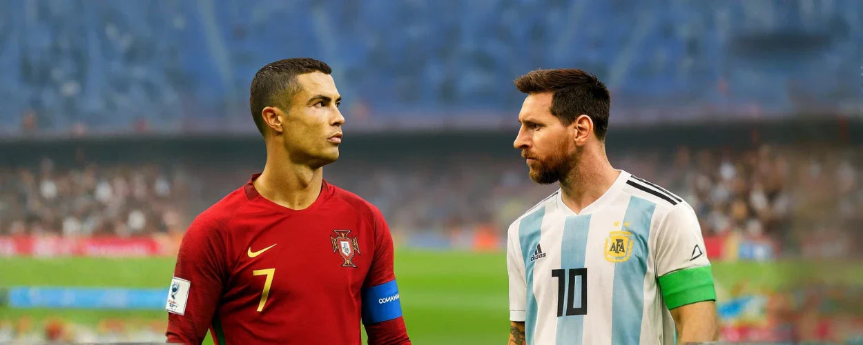 Dua pemain sepak bola terbaik di dunia tampak saling berhadapan di tengah stadion dalam suasana penuh tensi dan kompetisi