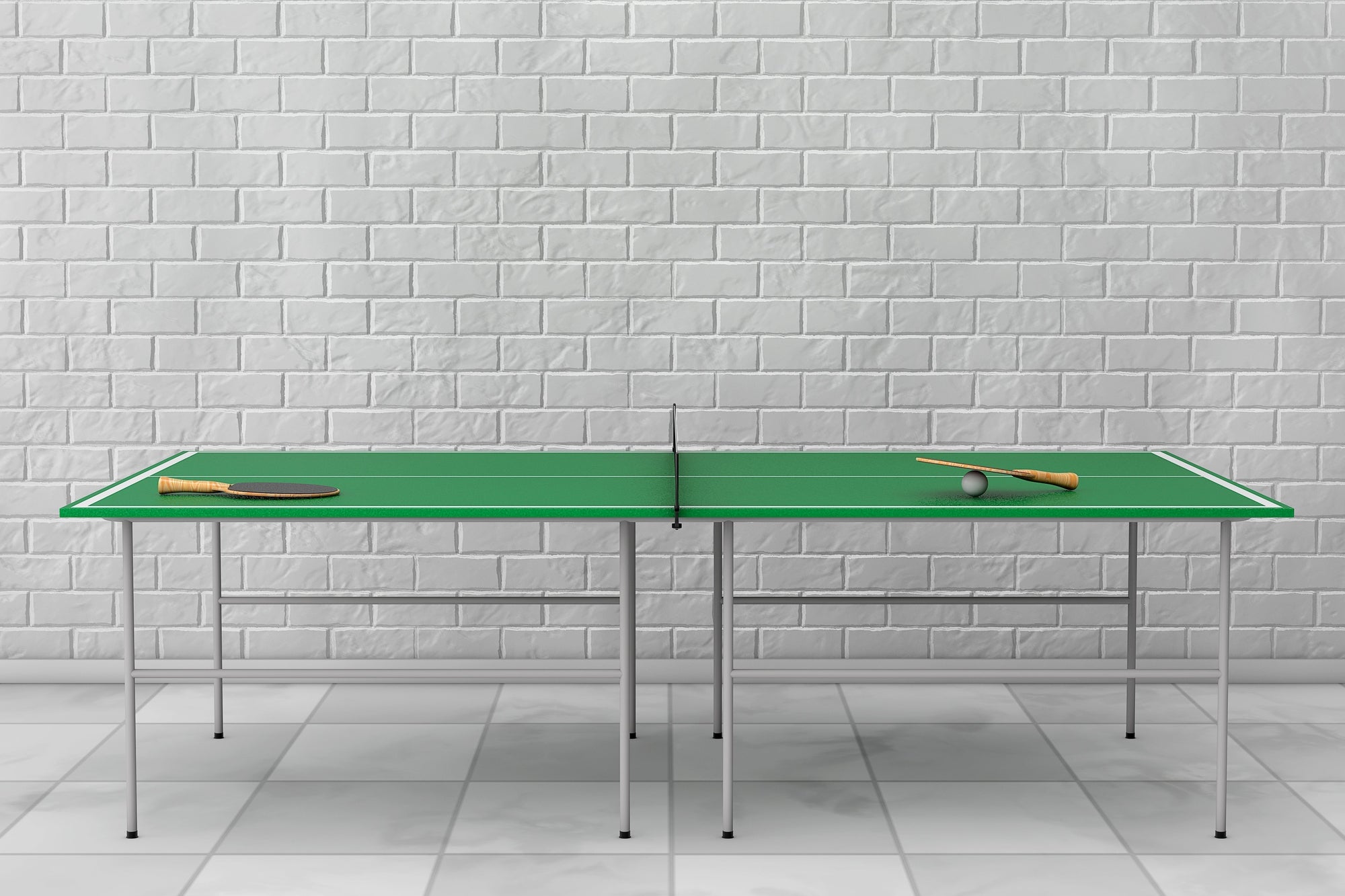 Meja tenis meja berwarna hijau lengkap dengan net, dua raket, dan bola, berada di ruangan dengan dinding bata putih dan lantai ubin.