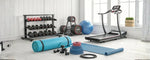 berbagai alat gym rumahan seperti treadmill, dumbbell, matras yoga, dan resistance band yang mendukung latihan kebugaran lengkap tanpa harus ke pusat kebugaran