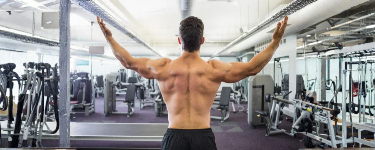 eorang pria yang sedang berolahraga di gym dengan postur tegap, menggambarkan cara menjaga kesehatan tulang punggung melalui latihan dan kekuatan otot yang seimbang