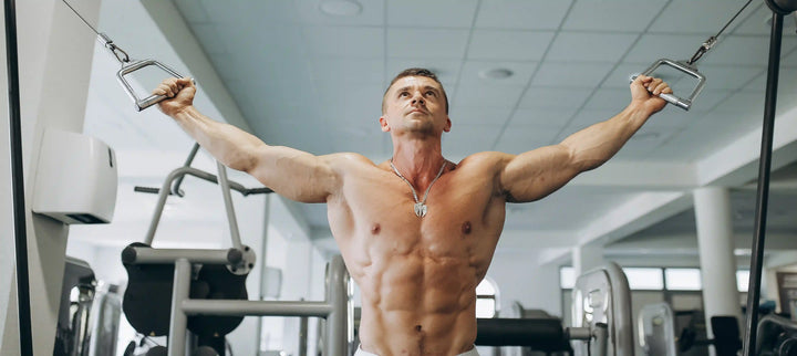 Pria sedang melakukan gerakan shoulder press menggunakan mesin gym untuk melatih otot bahu bagian depan dan samping