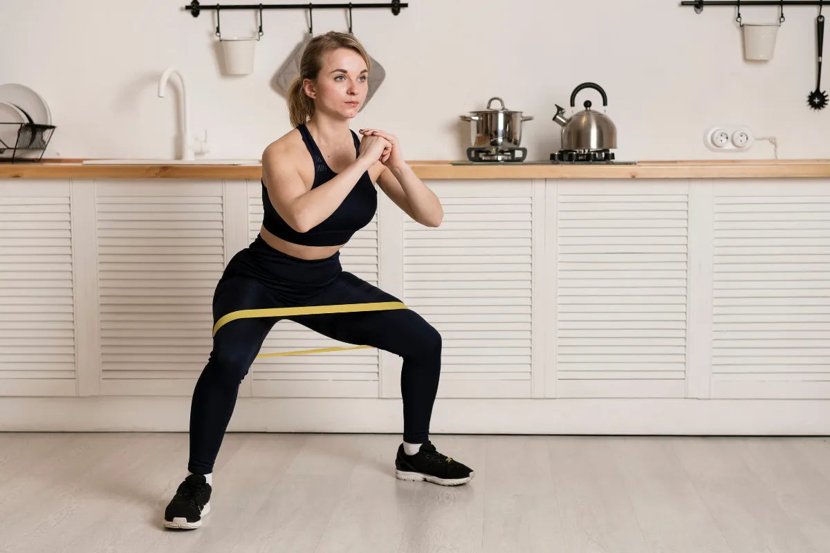 seorang wanita sedang latihan dengan resistance bands