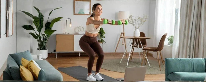 seorang wanita sedang melakukan latihan dengan dumbbell sebagai salah satu olahraga angkat beban di rumah yang bisa dilakukan untuk mendapatkan tubuh yang bugar