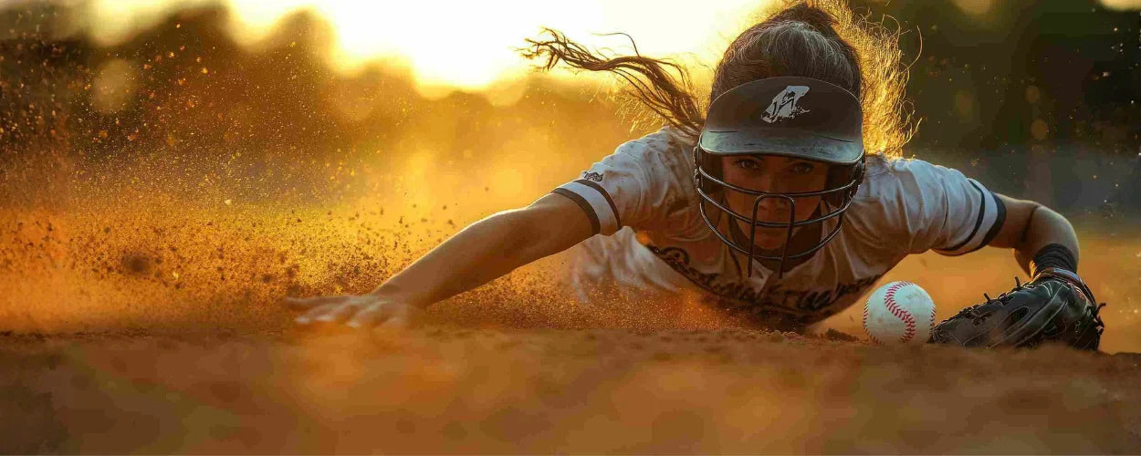 Seorang atlet sedang melakukan slide menuju base sebagai bagian dari dinamika permainan dalam berbagai posisi pemain softball