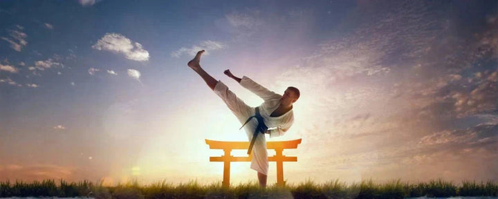 seorang praktisi karate yang sedang melakukan tendangan tinggi dengan latar belakang matahari terbit, menggambarkan fokus, keseimbangan, dan kekuatan sebagai bagian dari teknik dasar karate.