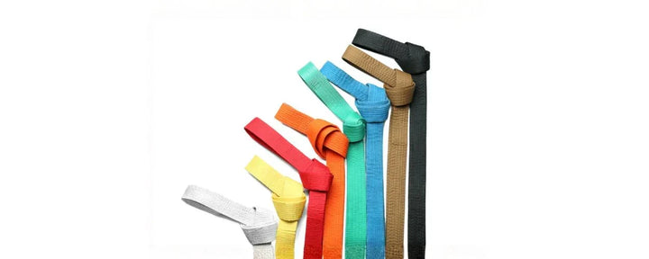 deretan warna sabuk yang menggambarkan tingkatan sabuk karate dari level pemula hingga tingkat lanjut