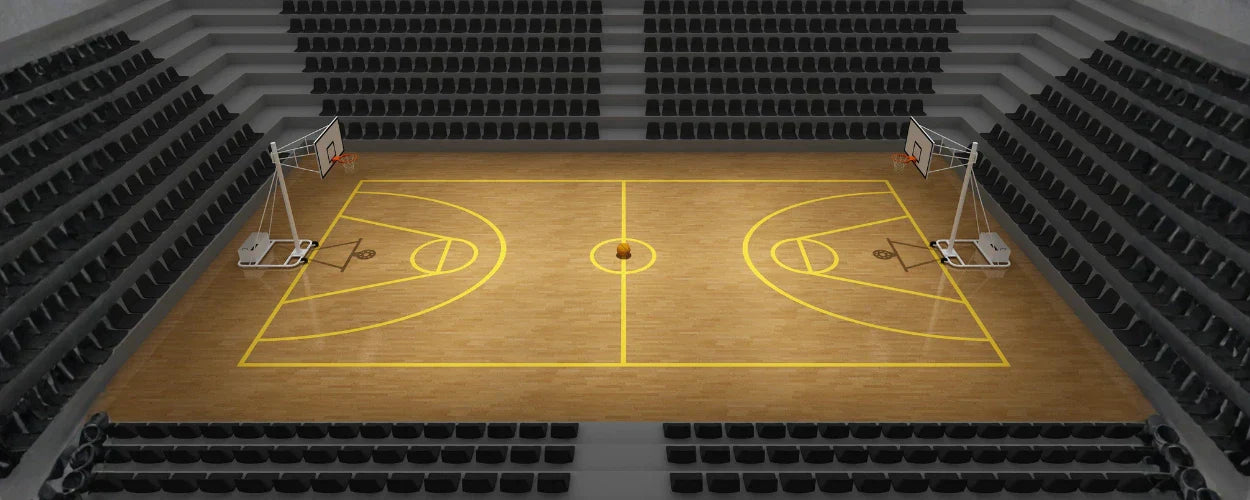 ukuran lapangan basket standar yang tampak jelas dengan garis-garis permainan dan dua ring di kedua sisinya