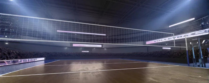 Ukuran lapangan bola voli adalah 18 x 9 meter, seperti pada gambar yang menampilkan arena pertandingan dengan garis lapangan resmi dan area permainan yang simetris