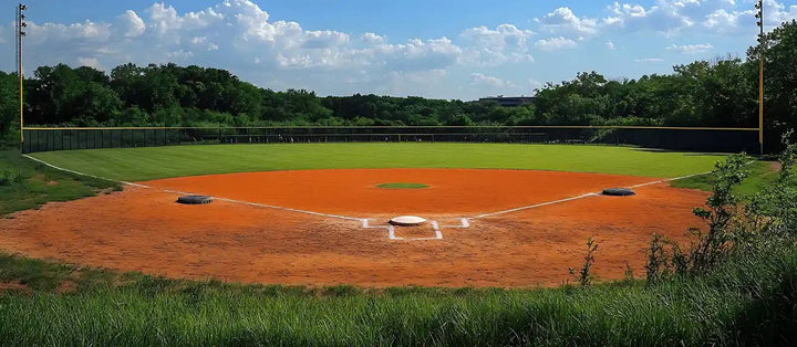 Gambar tersebut memperlihatkan ukuran lapangan softball dengan susunan infield berbentuk diamond, posisi base, home plate, serta area outfield yang luas sesuai standar permainan