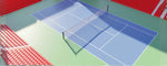 Gambar ini memperlihatkan ukuran lapangan tenis lengkap dengan garis permainan dan net di tengah lapangan sebagai panduan standar area pertandingan tenis