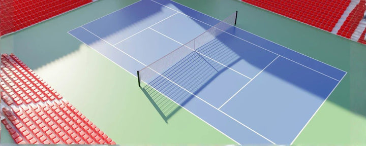 Gambar ini memperlihatkan ukuran lapangan tenis lengkap dengan garis permainan dan net di tengah lapangan sebagai panduan standar area pertandingan tenis
