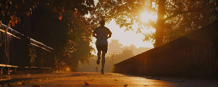 seorang pelari yang berolahraga di bawah cahaya matahari pagi ini menggambarkan suasana waktu terbaik untuk jogging yang segar dan menenangkan