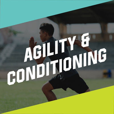 Seorang pria muda berlari di trek atletik, fokus pada lari cepat, dengan teks "AGILITY & CONDITIONING" di tengah. Latar belakangnya berwarna hijau toska dan kuning.