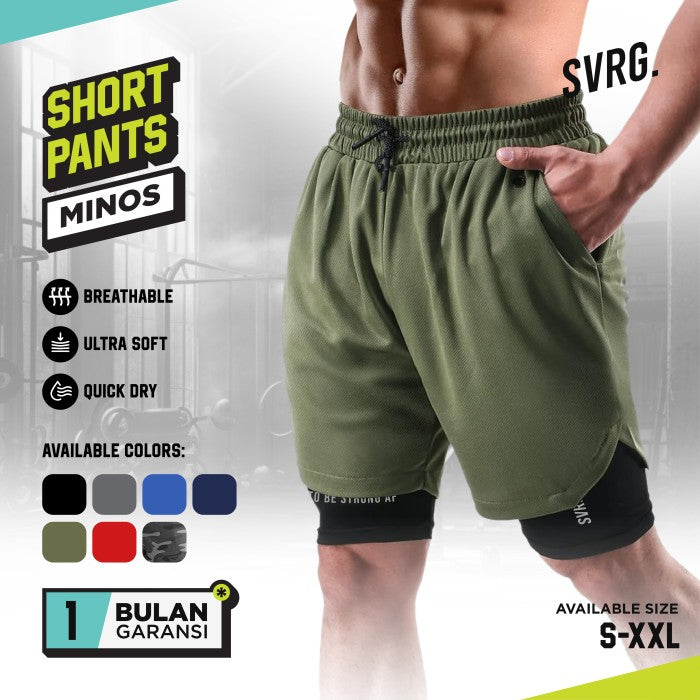 Minos 2 in 1 Short Pants for Men. Celana Pendek Compression Olahraga Pria. Basket, Futsal, Gym, Fitness, Running