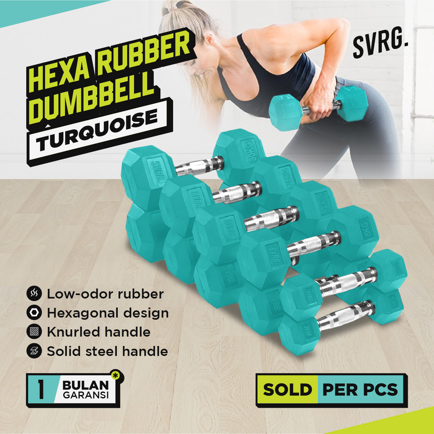 Hexagonal Dumbbell Turquoise - Rubber Dumbell Dumble Barbell