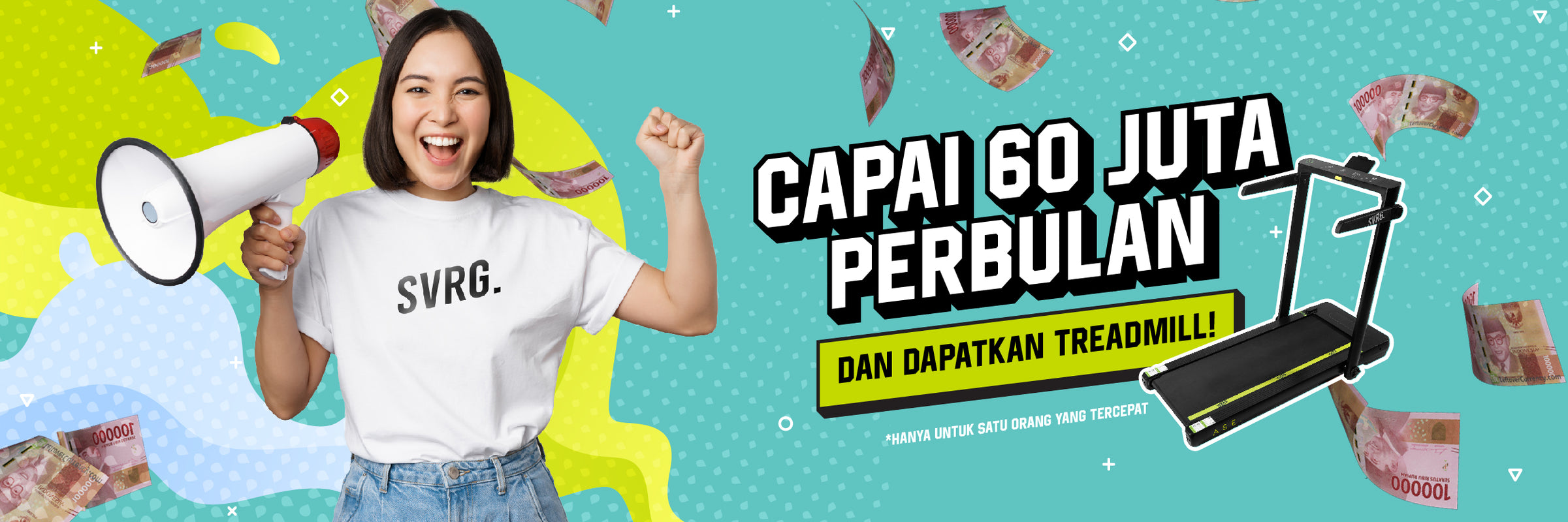 Banner promosi afiliasi SVRG.ID: Wanita gembira dengan megaphone dan teks 'CAPAI 60 JUTA PERBULAN'