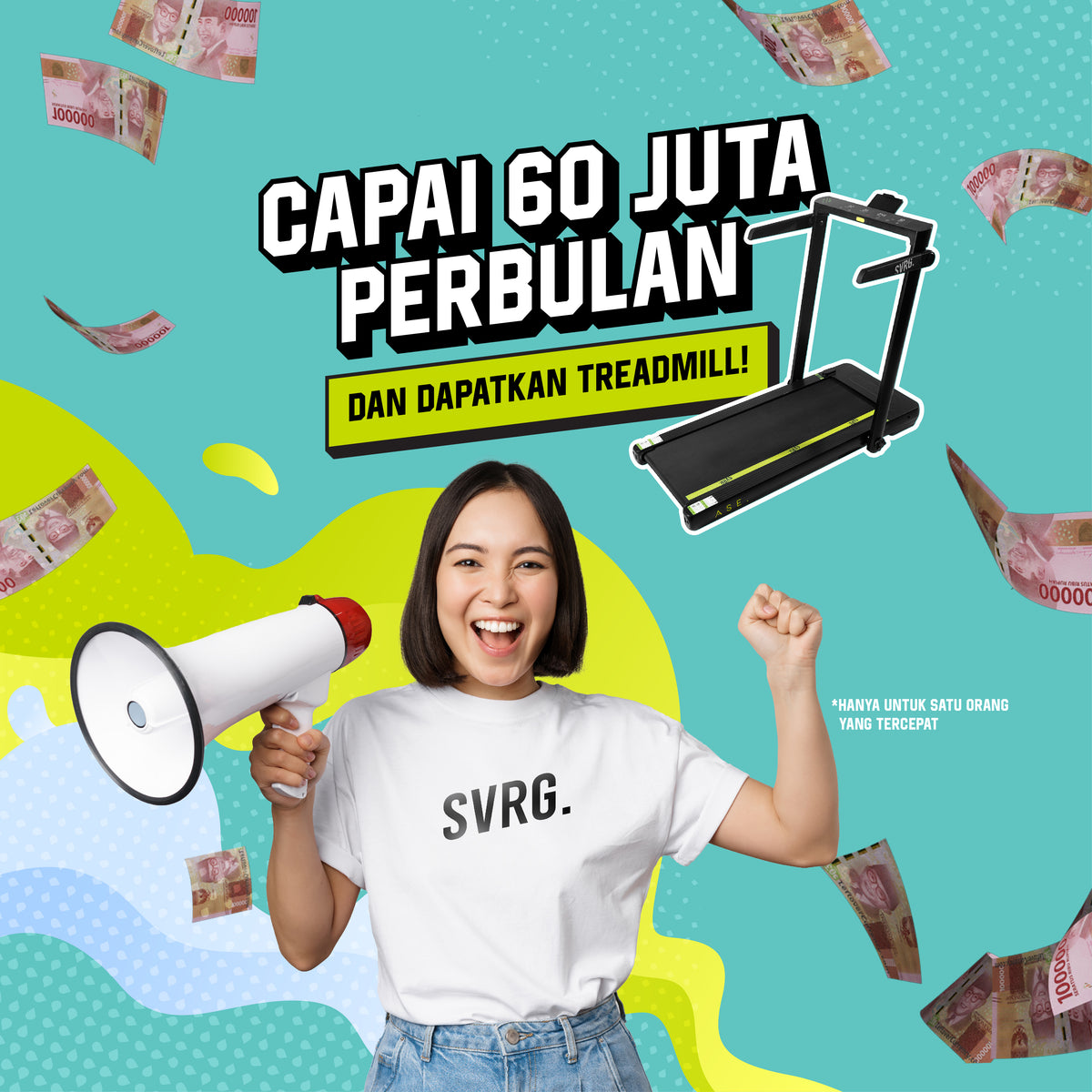 Wanita tersenyum memegang megaphone di samping teks promosi afiliasi SVRG.ID: "CAPAI 60 JUTA PERBULAN DAN DAPATKAN TREADMILL!"
