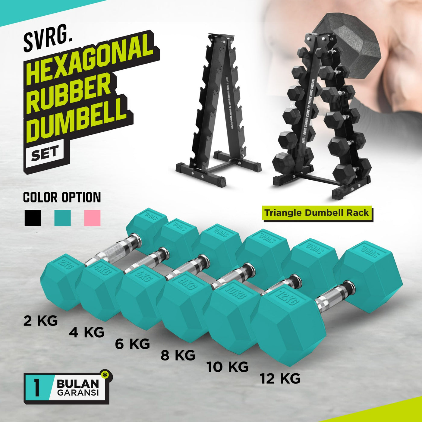 Package of Hexagonal Dumbbell Turquoise 84kg One Set and Triangle Dumbbell Rack