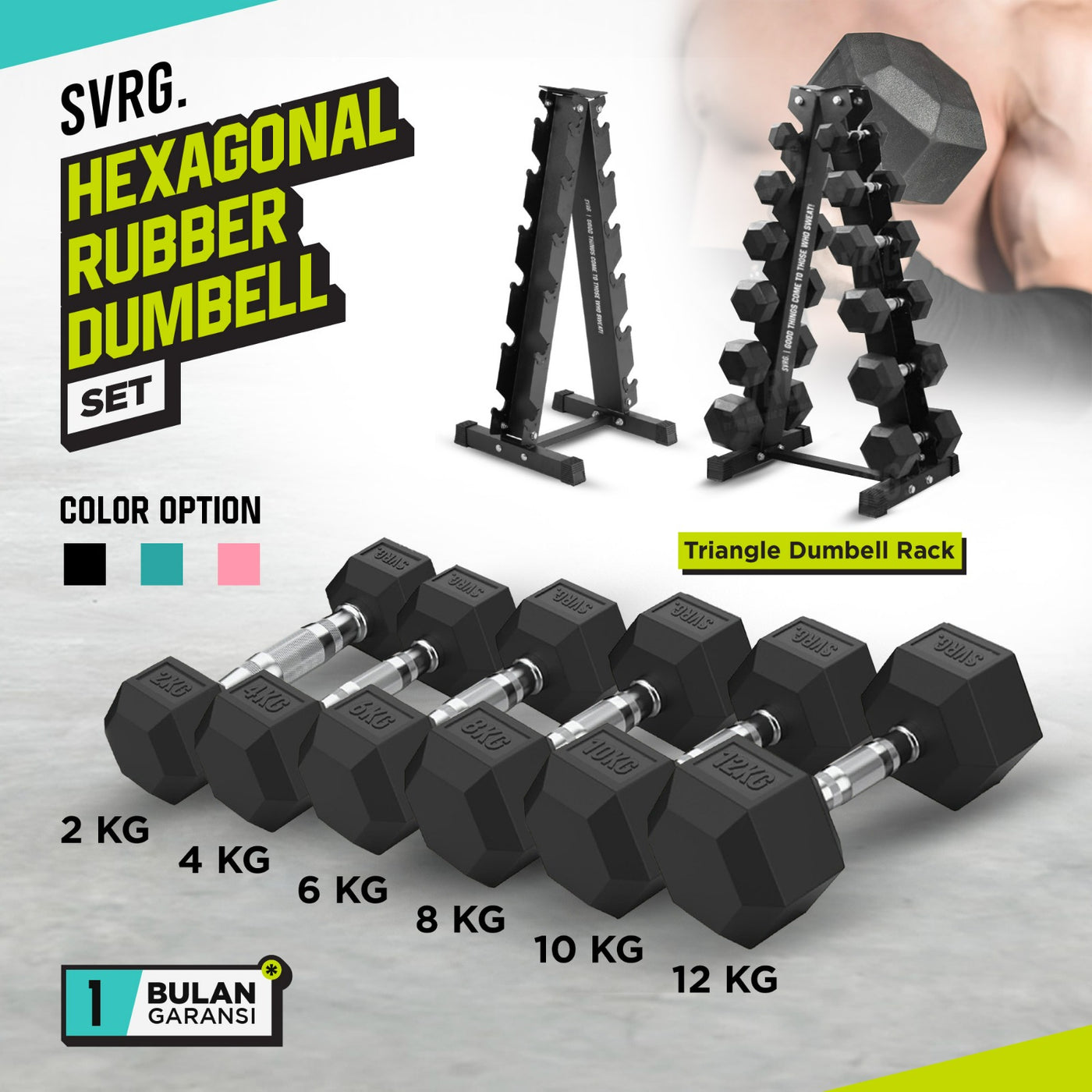 Paket Hexagonal Dumbbell Black 84kg Satu Set dan Triangle Dumbbell Rack